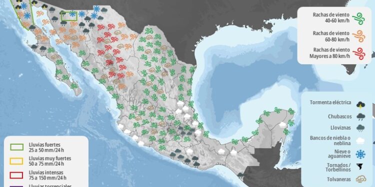 Se pronostican rachas de viento de muy fuertes a intensas en la porción norte de México