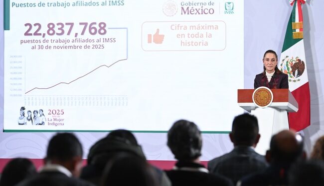 Empleo afiliado al IMSS registra nuevo récord histórico con 22 millones 837 mil 768 puestos de trabajo al 30 de noviembre de 2025